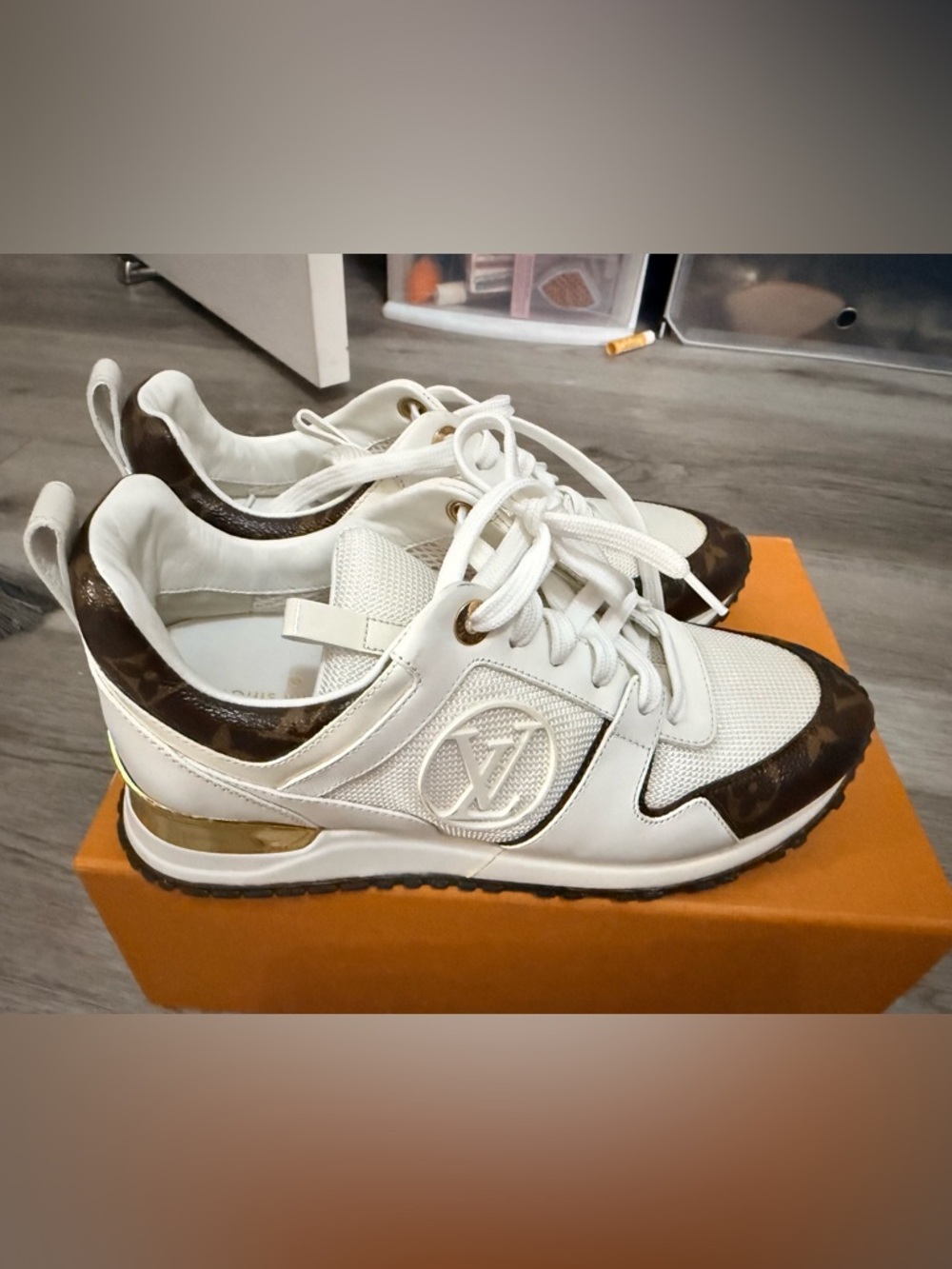 AUTHENTIC: Louis Vuitton White & Brown Monogram Accent Sneakers